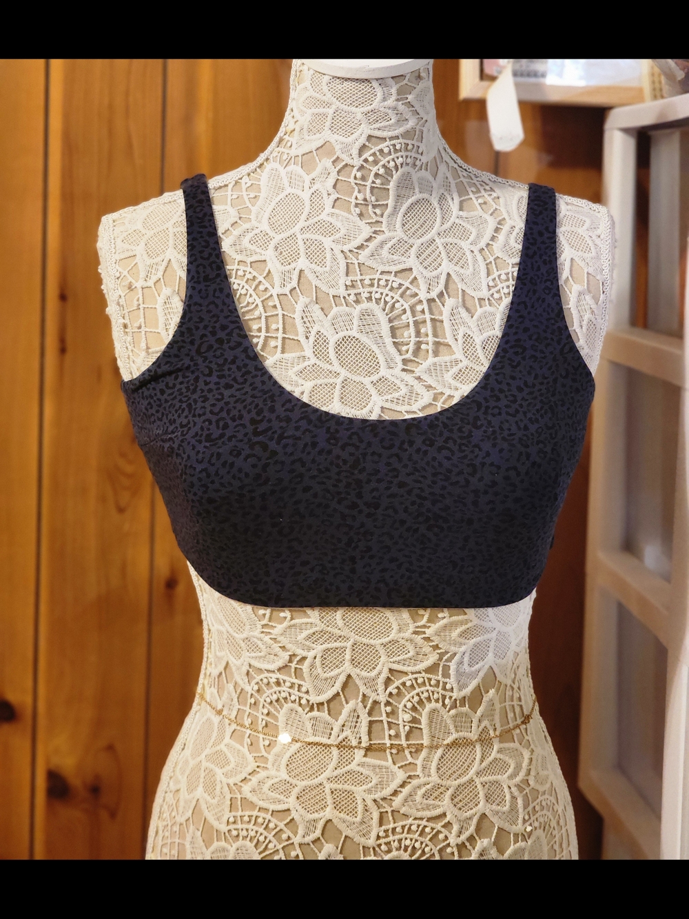 Navy Tone-on-Tone Leopard Scoop Neck Bralette Crop Top